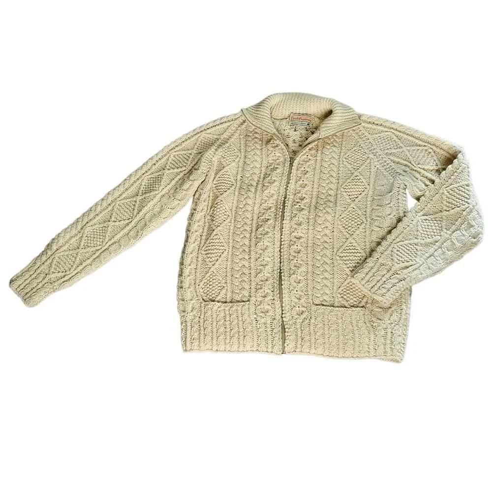 Loch Garman Ireland Fisherman Sweater Ivory Wool cardigan Full Zip L Unisex Aran